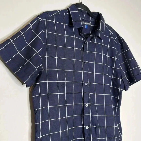 Vince Camuto Polo Shirt Men's Large Blue Window Pane Short Sleeve Button Front - Picture 5 of 7